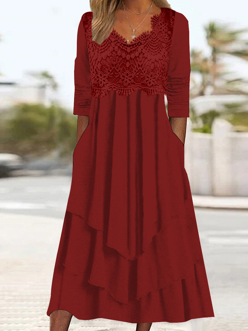 Women's Long Sleeve V-neck Lace Solid Color Midi Dress