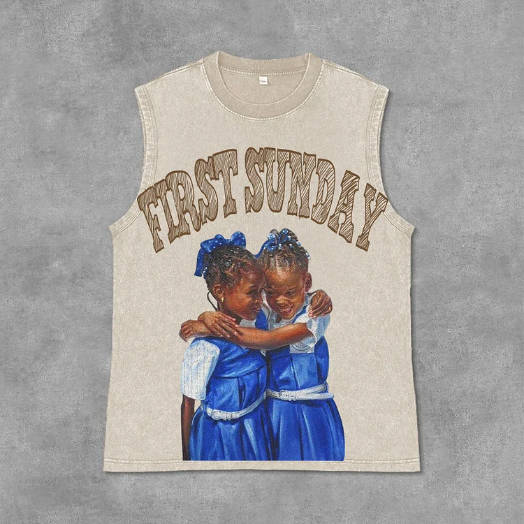 Retro First Sunday Faith Graphic Print Acid Washed Sleeveless Tank Top SOPULA