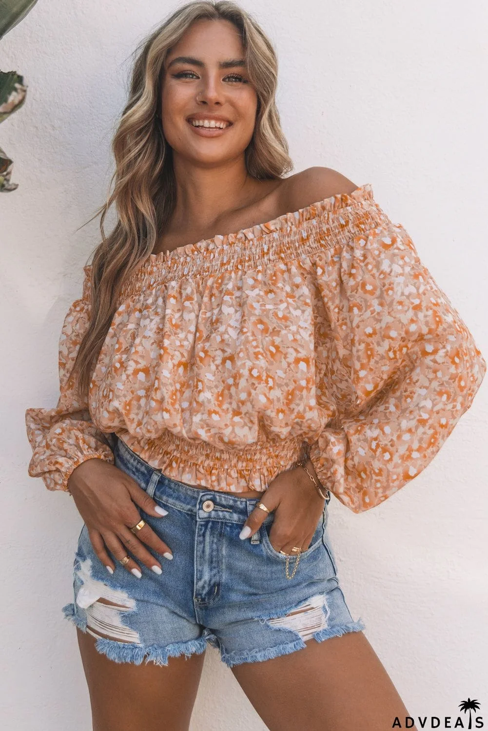 Ruffled Shirred Off Shoulder Floral Top