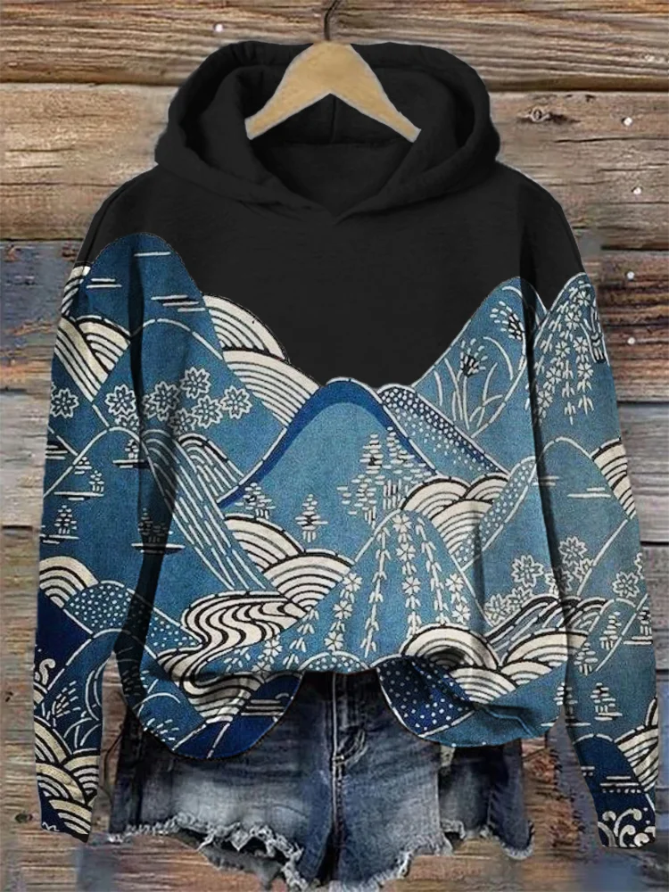 Mountains & Waves Landscape Japanese Art Cozy Hoodie