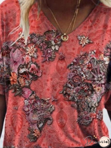Fashion Map Printed V-neck Short-sleeved T-shirt for Women