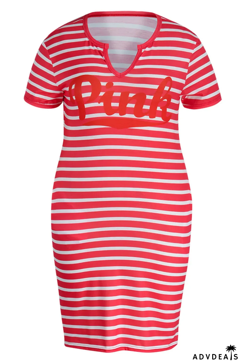 Red Casual Striped Print Patchwork V Neck Straight Plus Size Dresses