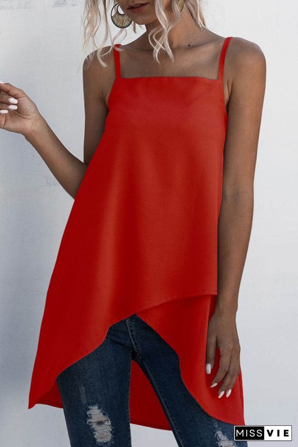 Fashion Casual Solid Split Joint Asymmetrical Spaghetti Strap Tops