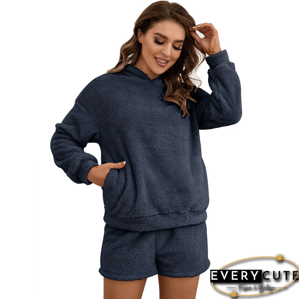 Navy Blue Plush Hoodie with Shorts Loungewear Set