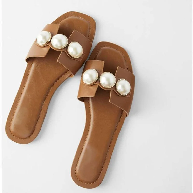 2023 Fashion Flat Slippers Party  shoes Fulgurant Pearl Sandals thin Belt Roman Flat Women Flip Flops Casual Beach