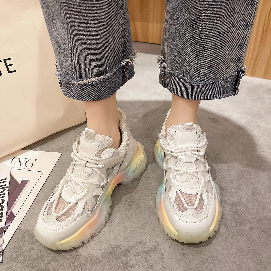 2021 Summer Sneakers Women Thick Bottom Luxury Chunky Sneakers Round Toe Rainbow Color Breathing Leisure Female Vulcanize Shoes