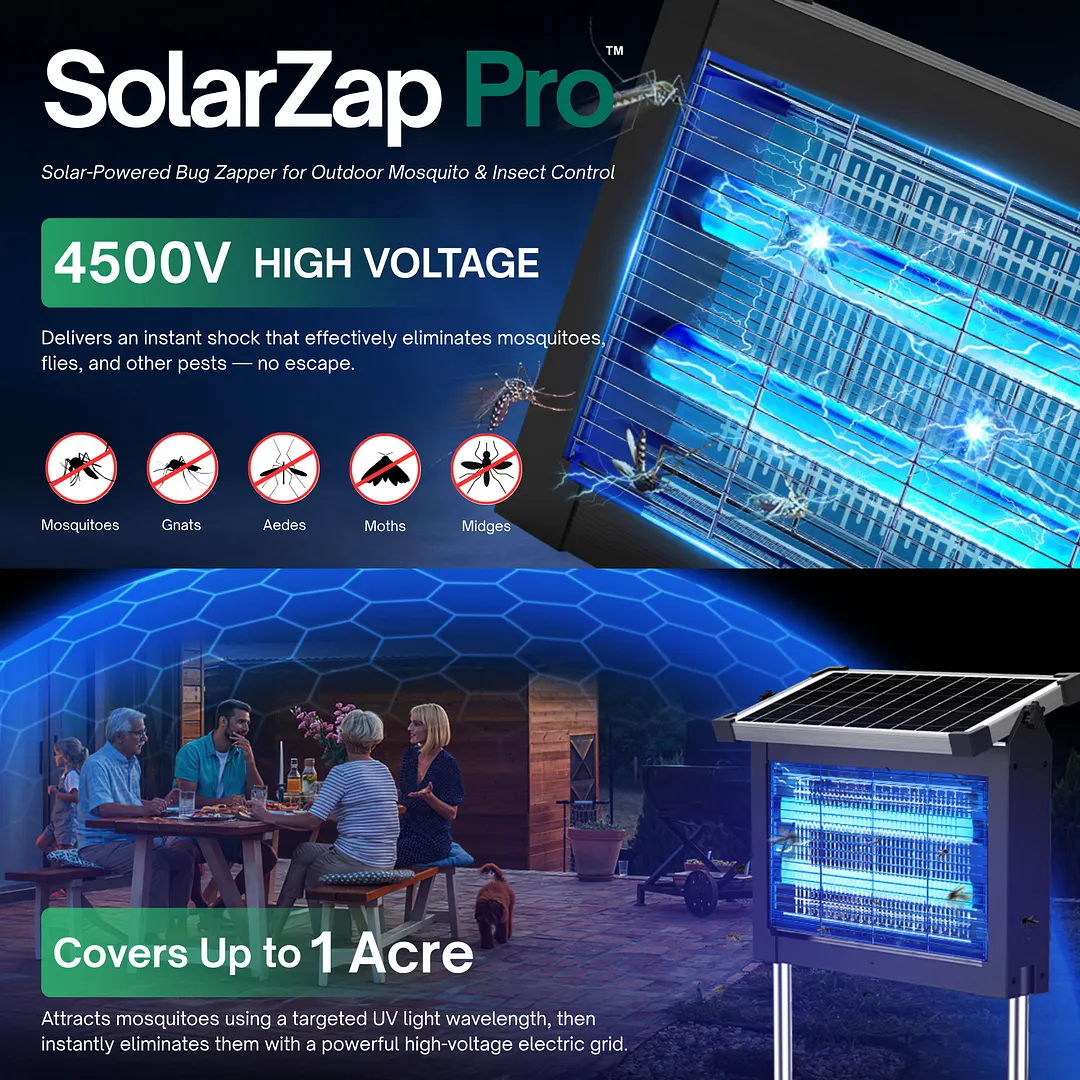 SolarZap Pro &ndash; Solar-Powered Waterproof Bug Zapper for Outdoor Mosquito & Insect Control