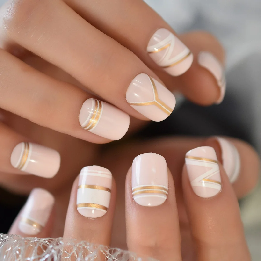 Classical Normal Size French Nail Nude White Tip Glossy Press On Fingernals for daily with glue sticker 24 928-Nail Inspo