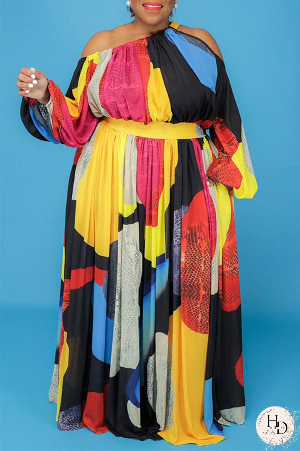 Black Fashion Casual Print Hollowed Out Oblique Collar Long Sleeve Plus Size Dresses
