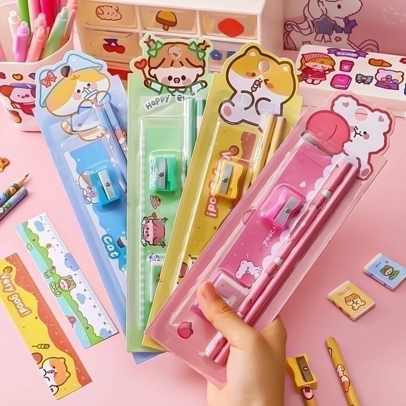 Student Learning Stationery Cartoon Pencil Eraser Ruler Pencil Sharpener Five-piece Set