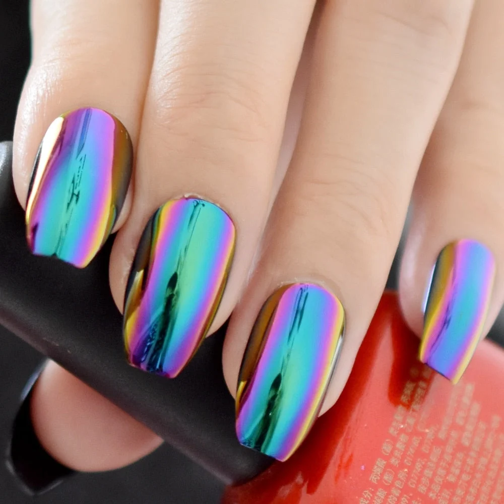 Fantasy Nails Series Pink Purle Short Chrome Holographic Press On Nails Square Natural Shape Charming Manicure Tips 24-Nail Inspo