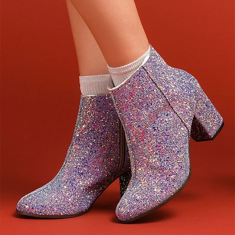 Multi Color Glitter Boots Round Toe Block Heel Ankle Boots |FSJ Shoes