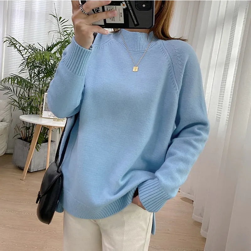 Women Mock Neck Pullovers Sweater High Quality Oversized Jumper Split Fall Winter Clothes Beige Purple Green 8 Colors  C-232
