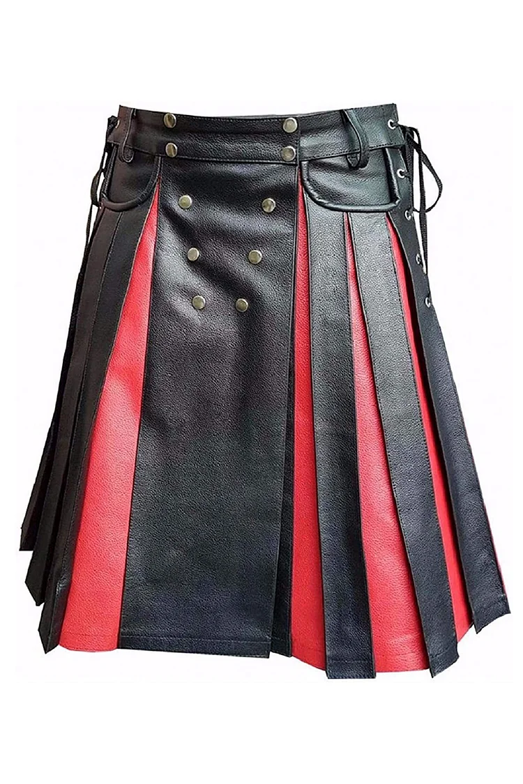 Colorblock PU Leather Studded Pocket Lace Up Hight Waist Pleated Midi Skirt