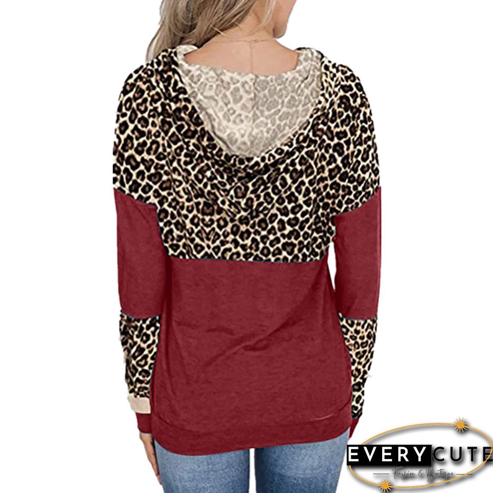 Wine Red Spliced Leopard Cotton Blend Hoodie