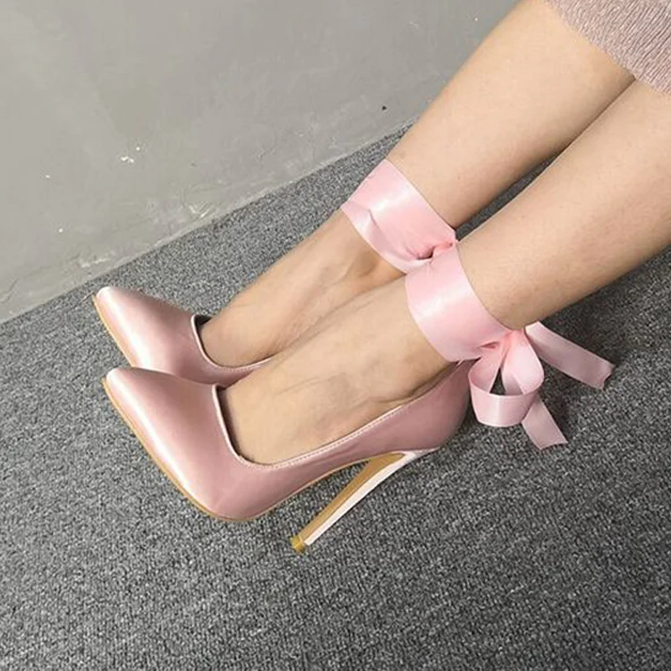 Light Pink Satin Pumps Women'S Pointed Toe Tie Up Shoes Wedding Stiletto Heels |FSJ Shoes