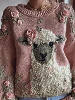 Vintage Sheep Pink Roses Beaded Cozy Knit Sweater