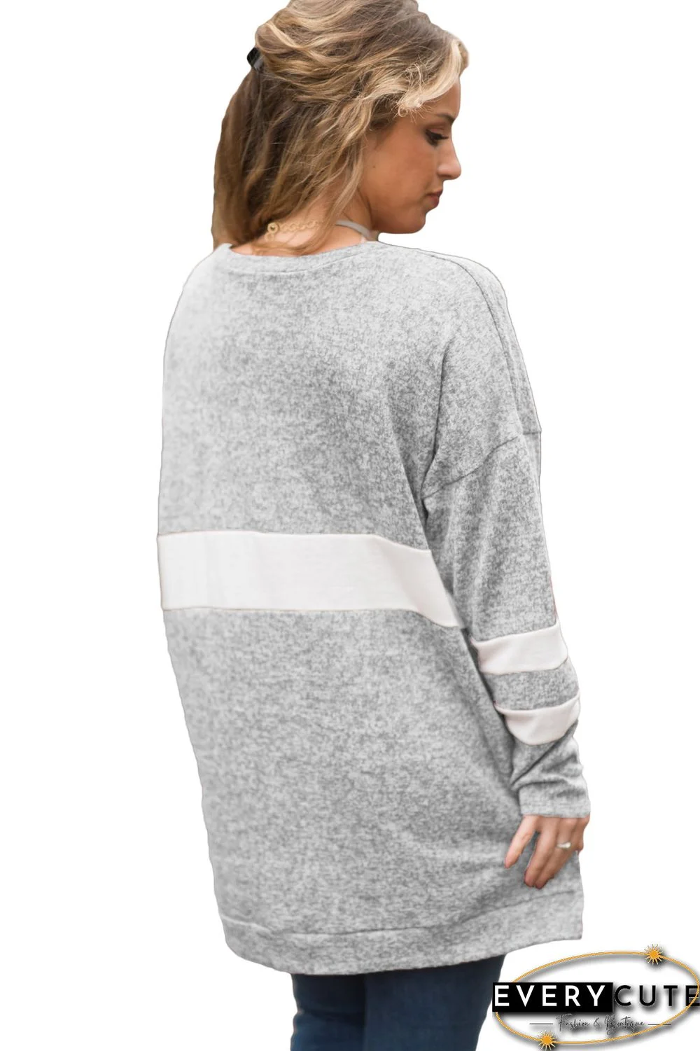 Gray V Neck Chunky Stripe Sweatshirt