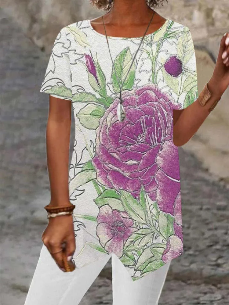 Women Asymmetrical Short Sleeve Scoop Neck Floral Printed Top