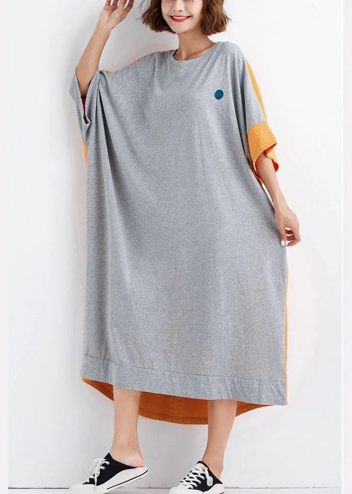 Bohemian Grey Patchwork Orange Low High Graphic Summer Half Sleeve Vacation Dress