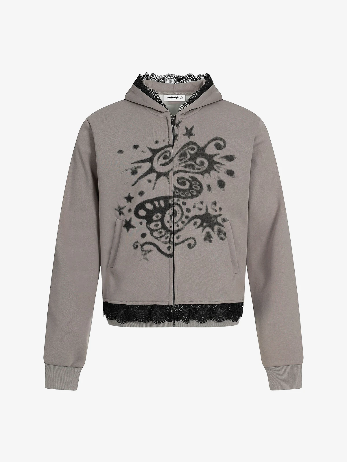 Grey Actchic Lace Trim Psywave Zip Up Hoodie Front