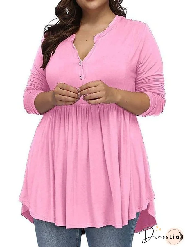 T shirt Tee Light Blue claret Deep Purple Plain Button Flowing tunic Long Sleeve Daily Weekend Basic V Neck Long Plus Size L for Women