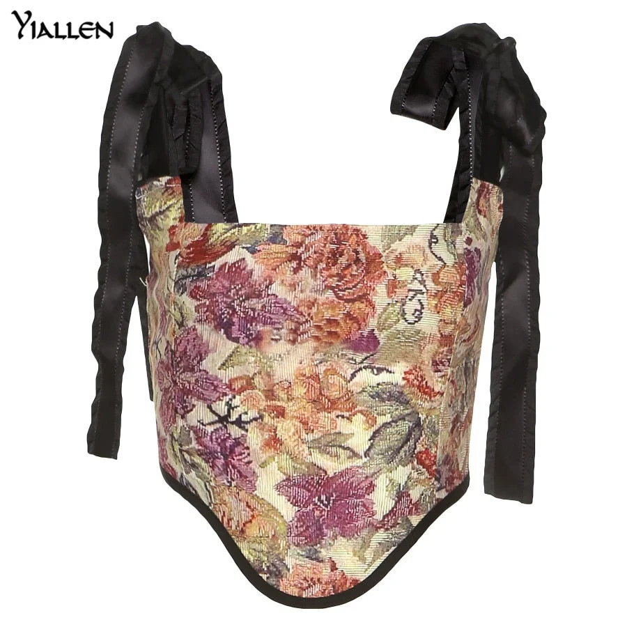 Yiallen Summer Women Fashion Print Bow Bandage Cute Sweet Vintage Camisole New Slim Stretch Sexy College Style Cropped Top Hot