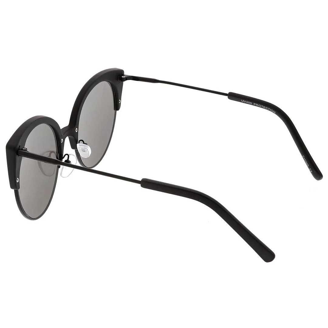 Women's Half Frame Cat Eye glasses Ultra Slim Arms Mirrored Round Flat Lens 53mm