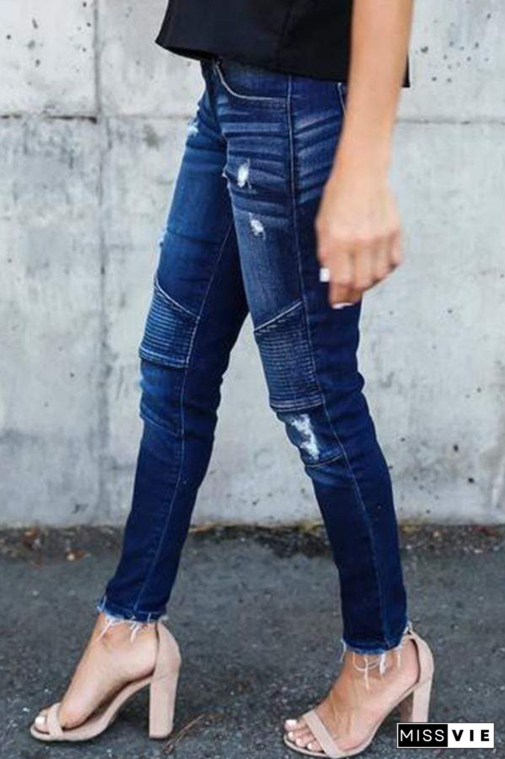 Regular Waist Solid Color Skinny Fit Hole Jeans
