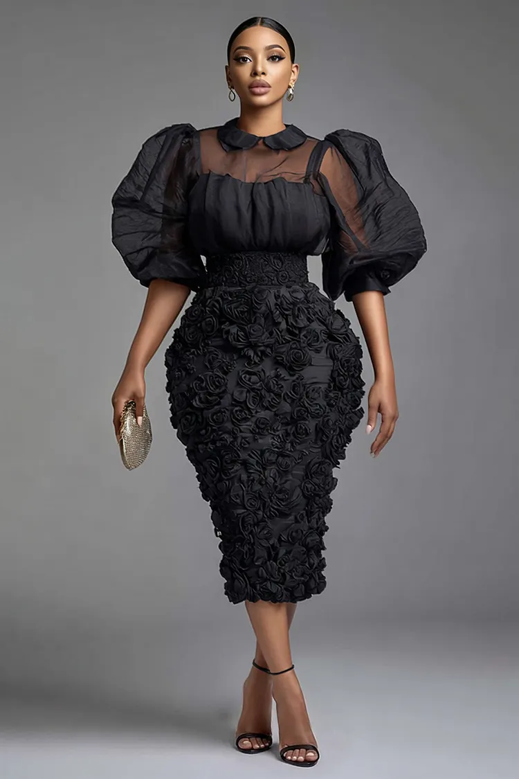 Xpluswear Design Plus Size Cocktail Party Black Shirt Collar Puff Sleeve Short Sleeve 3D See Through Organza Two Piece Skirt Sets [Pre-Order] 2024 - Xpluswear