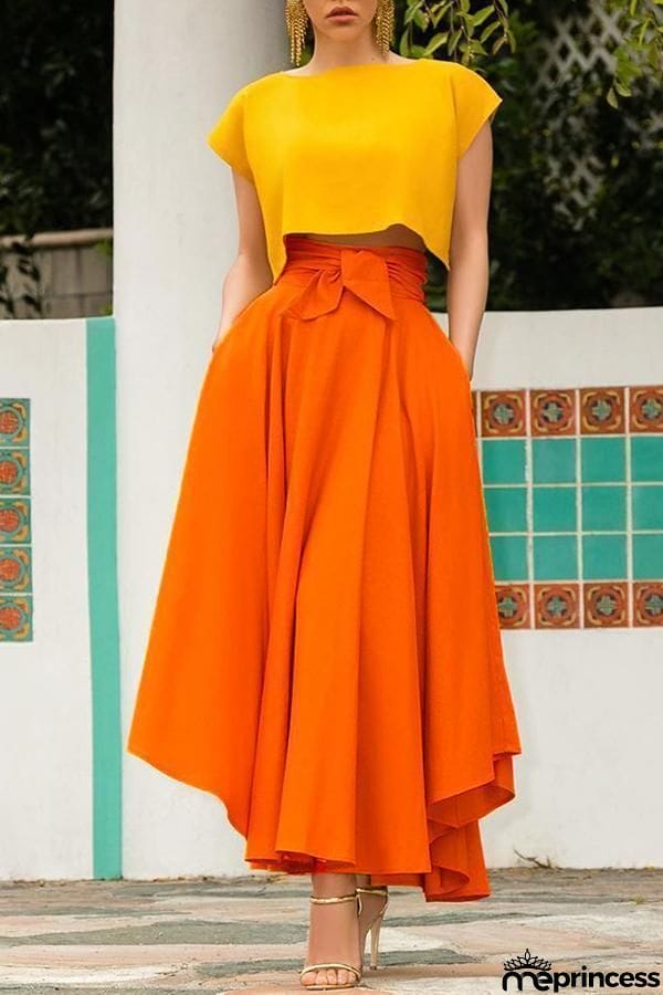 High Waist Pockets Bow Tie Skirts