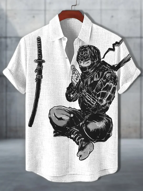 Men's Japanese Art Painting Retro Samurai Ninja Sword Print Casual Shirt