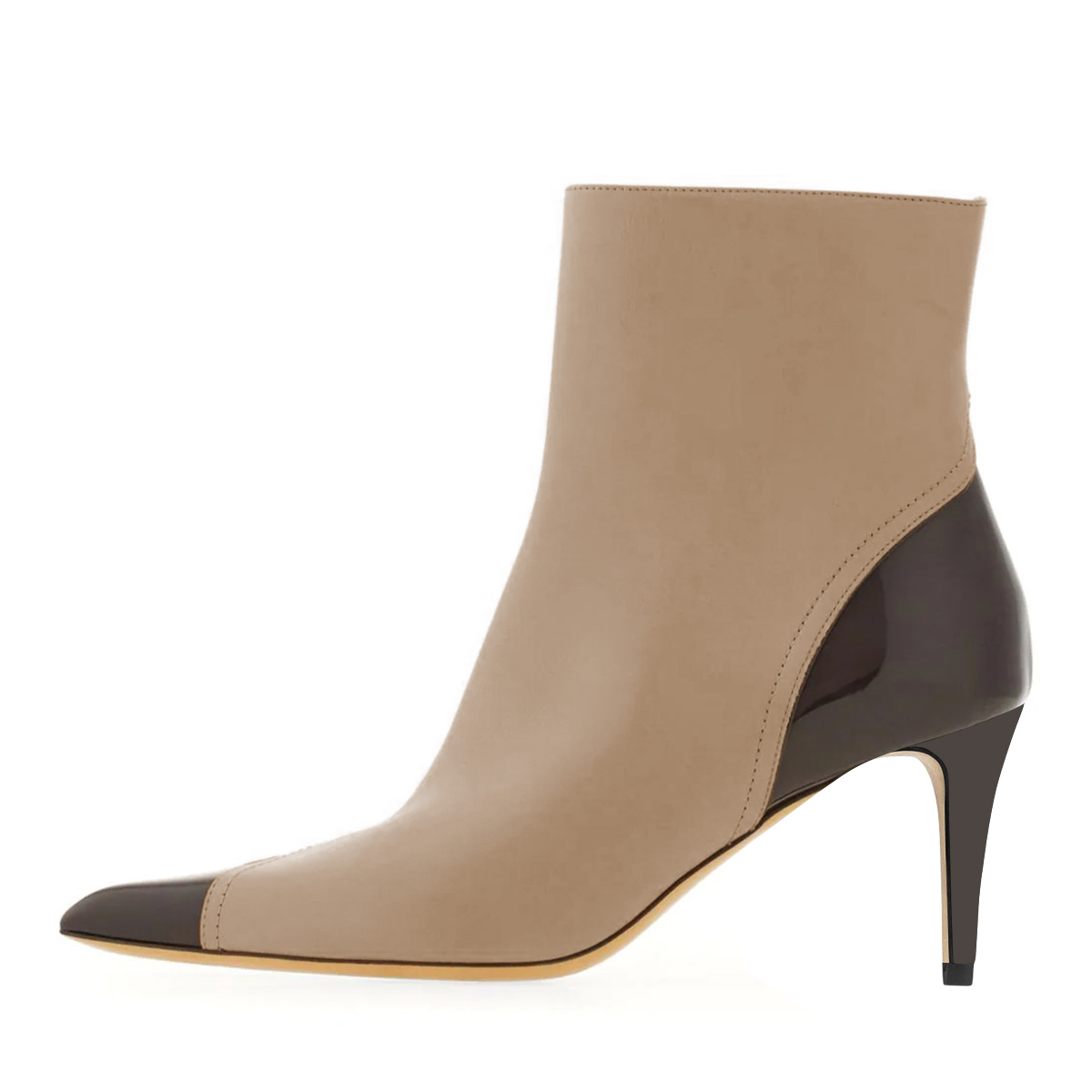 Khaki & Black Zip Patchwork Stiletto Heeled Ankle Boots with Pointed Toe Nicepairs