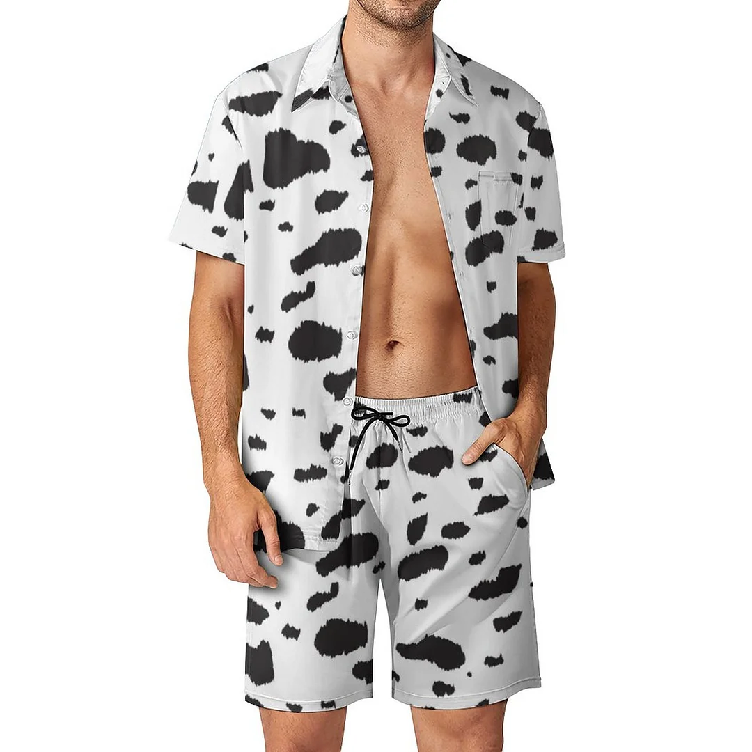 Classic Dalmatian Print Men Hawaiian 2 Piece Outfit Vintage Button Down Beach Shirt Shorts Set Tracksuit with Pockets