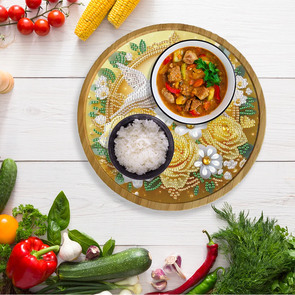 DIY Diamond Painting Kit Round Wooden Tray Diamond Painting Tray (Flower Bird A)