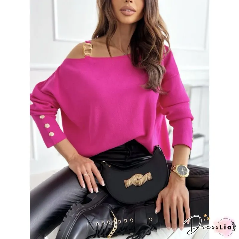 T-Shirts Boat Neck Off Shoulder Button Long Sleeve T-Shirt for Women