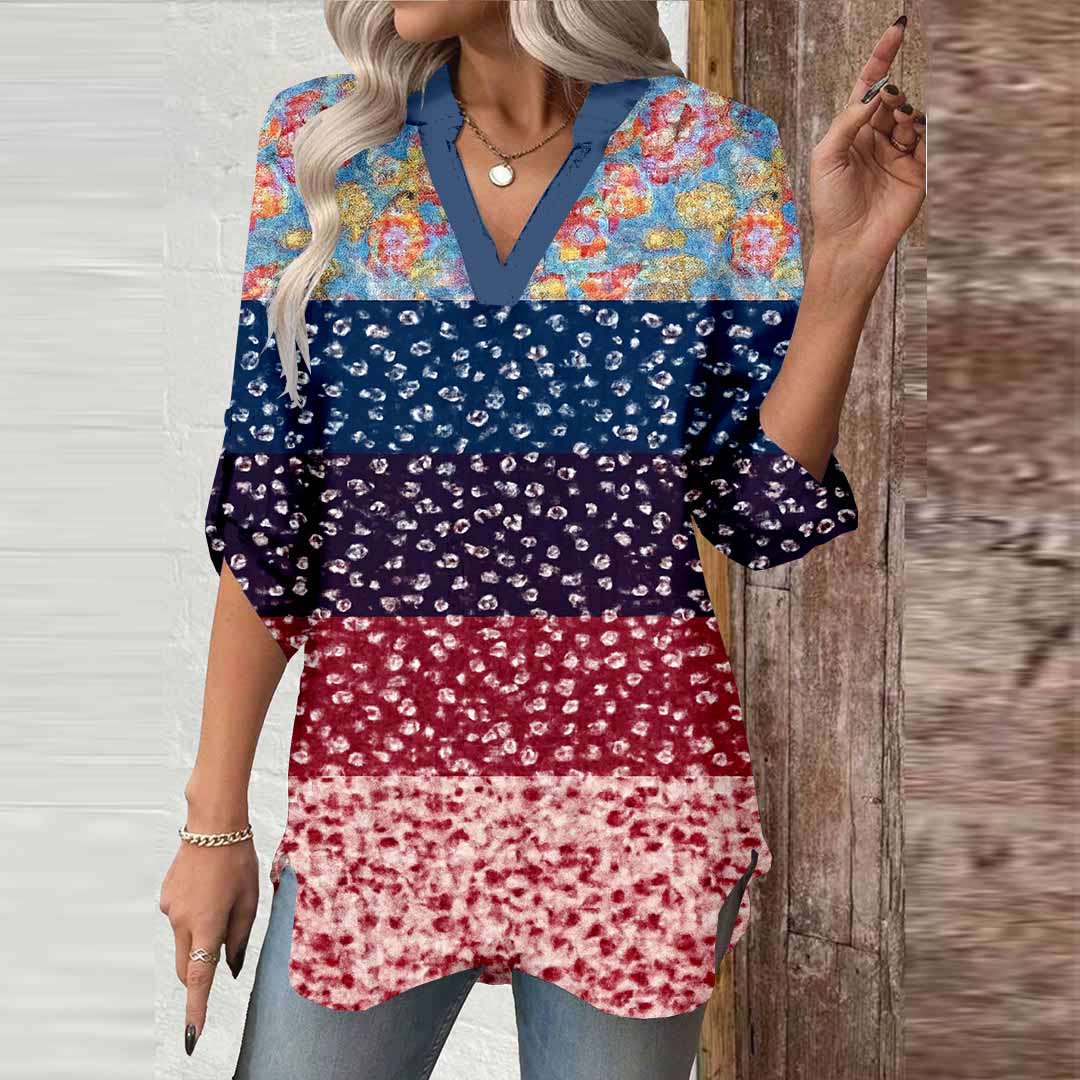 Women Floral, Red, Patchwork DZGA0061 3/4 Sleeve V-neck Printed Graphic Button Tops