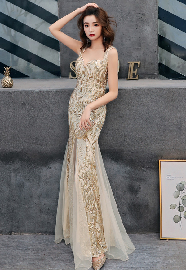 Gorgeous Straps Mermaid Prom Dress Slit Sequins Tulle Sleeveless - lulusllly