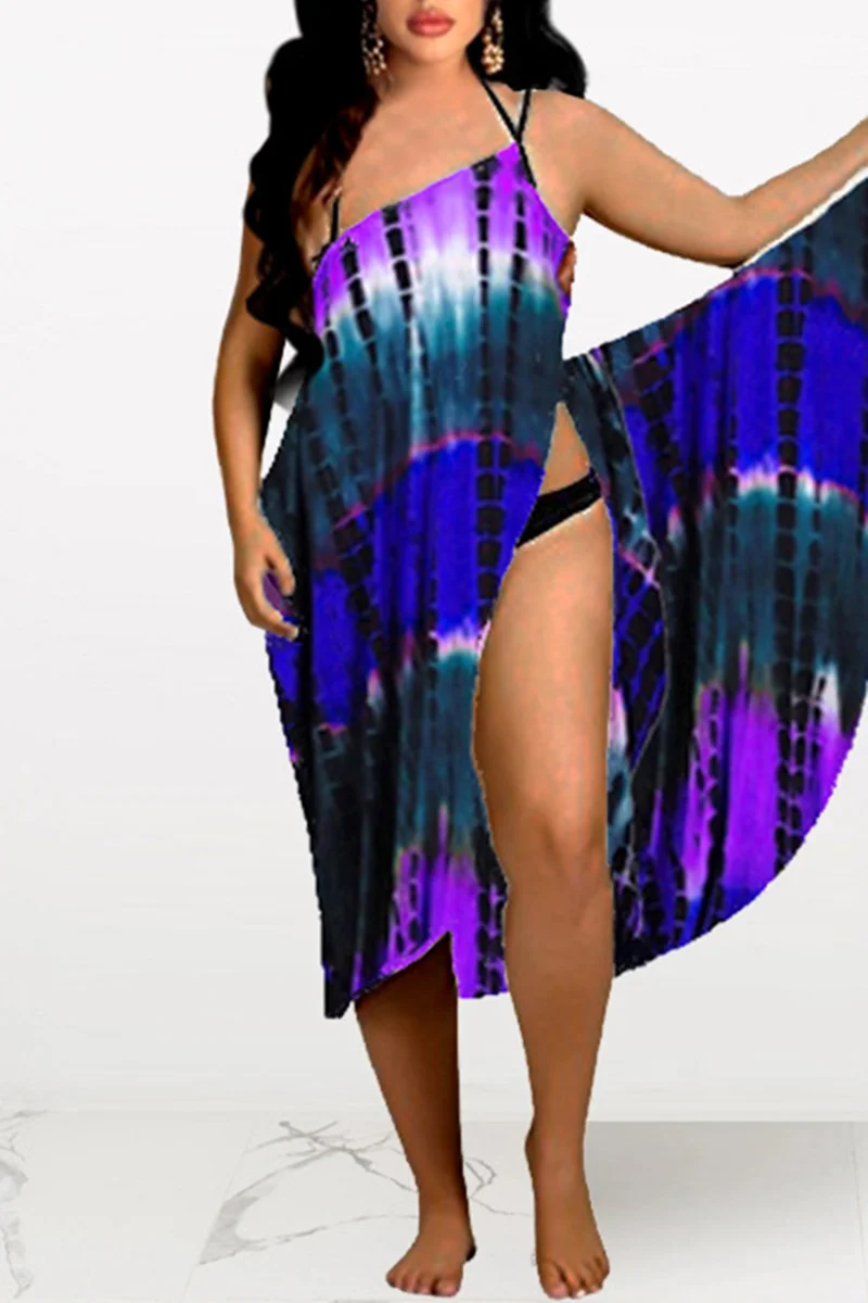 Purple Fashion Sexy Tie-dye Print Backless Beach Dress | EGEMISS