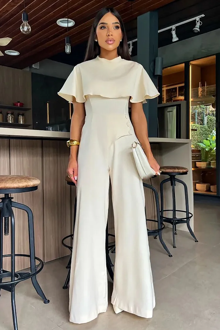 Flutter Sleeve Overlay Wide Leg Solid Color Jumpsuit-Ivory [Pre Order]