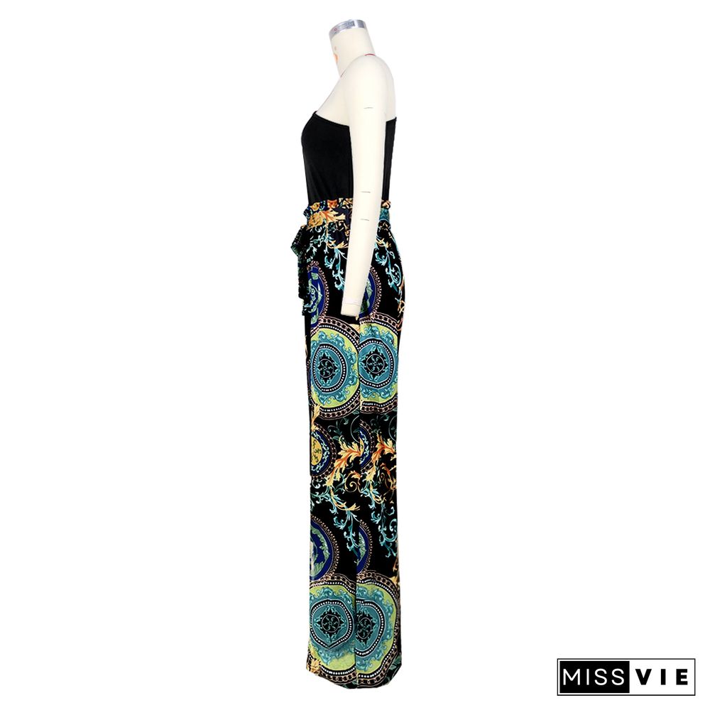 Single Shoulder Patchwork Lace Up Wide Leg Jumpsuits