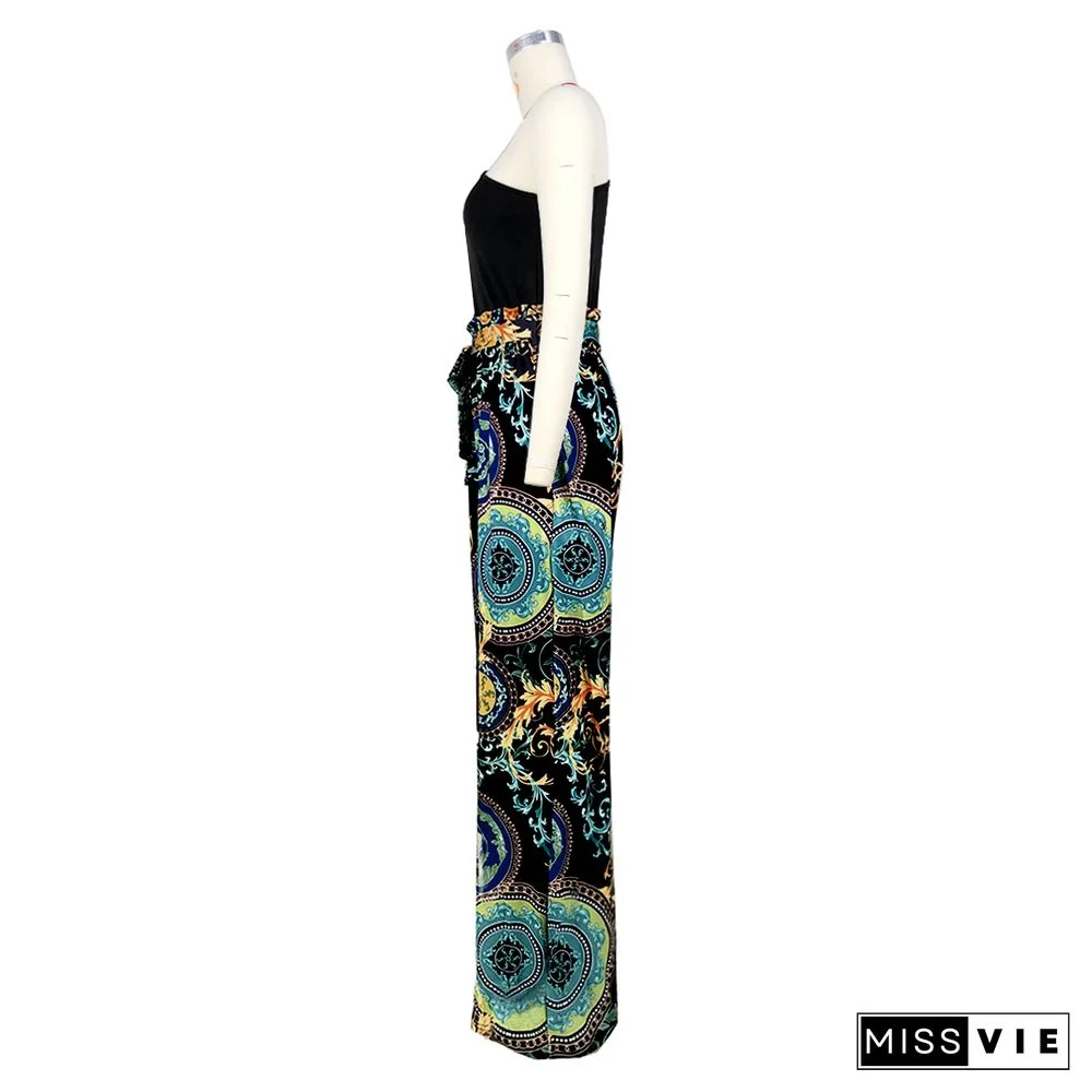 Single Shoulder Patchwork Lace Up Wide Leg Jumpsuits