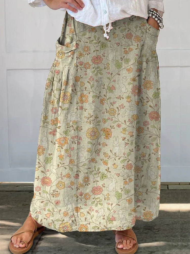 Women's Retro Elegant Floral Art Pattern Print Linen Pocket Skirt