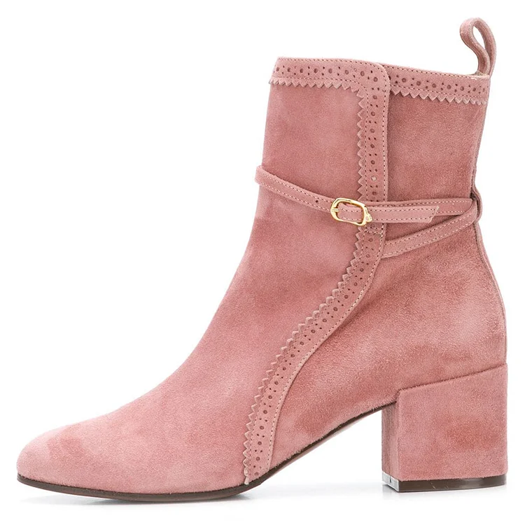Pink Buckle Block Heel Suede Ankle Booties with Hollow Out Detailing Vdcoo