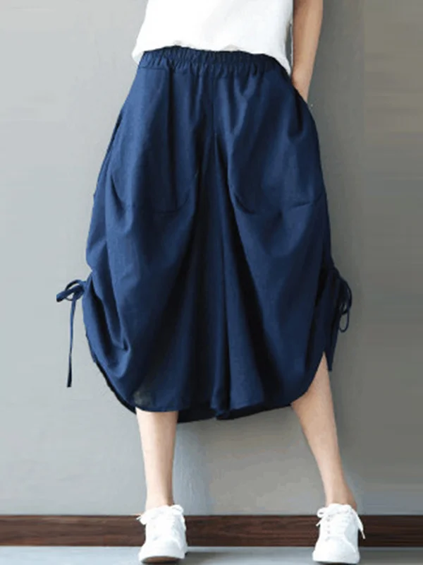 Split-Joint Solid Color Elasticity Drawstring Wide Leg Loose Pants Cropped Trousers