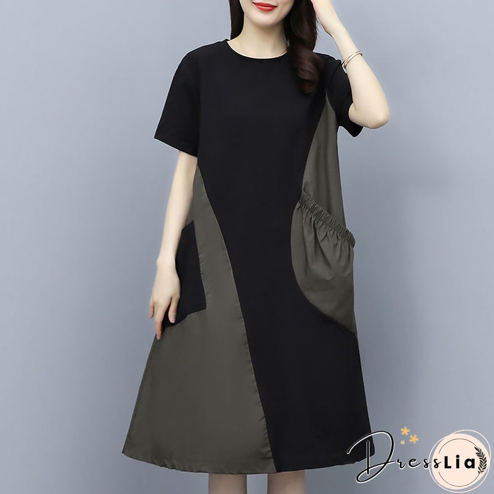 Contrast Stitching Dress In Long Large Size Loose Slim Belly Skirt