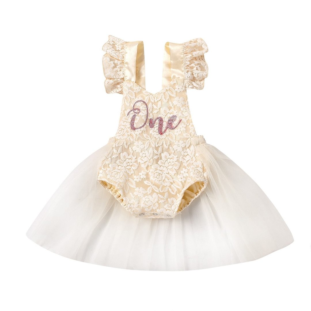 Infant Baby Girls Birthday Romper Dress with Mesh Stitching, One Letter Print Florals Lace Jumpsuits Princess Summer Costume
