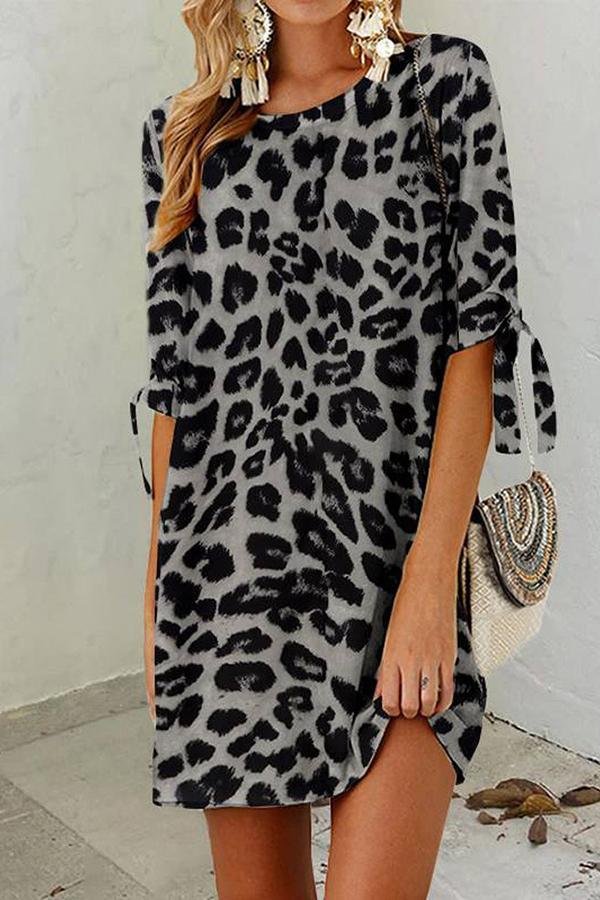Womens Leopard Print Round Neck Dress-Allyzone-Allyzone