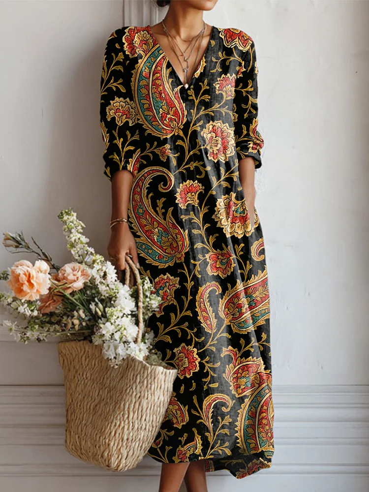 Women's Vintage Flower Art Print Linen Pocket Dress