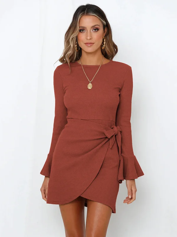 Simple Long Sleeves Skinny Tied Falbala Solid Color Round-Neck Mini Dresses